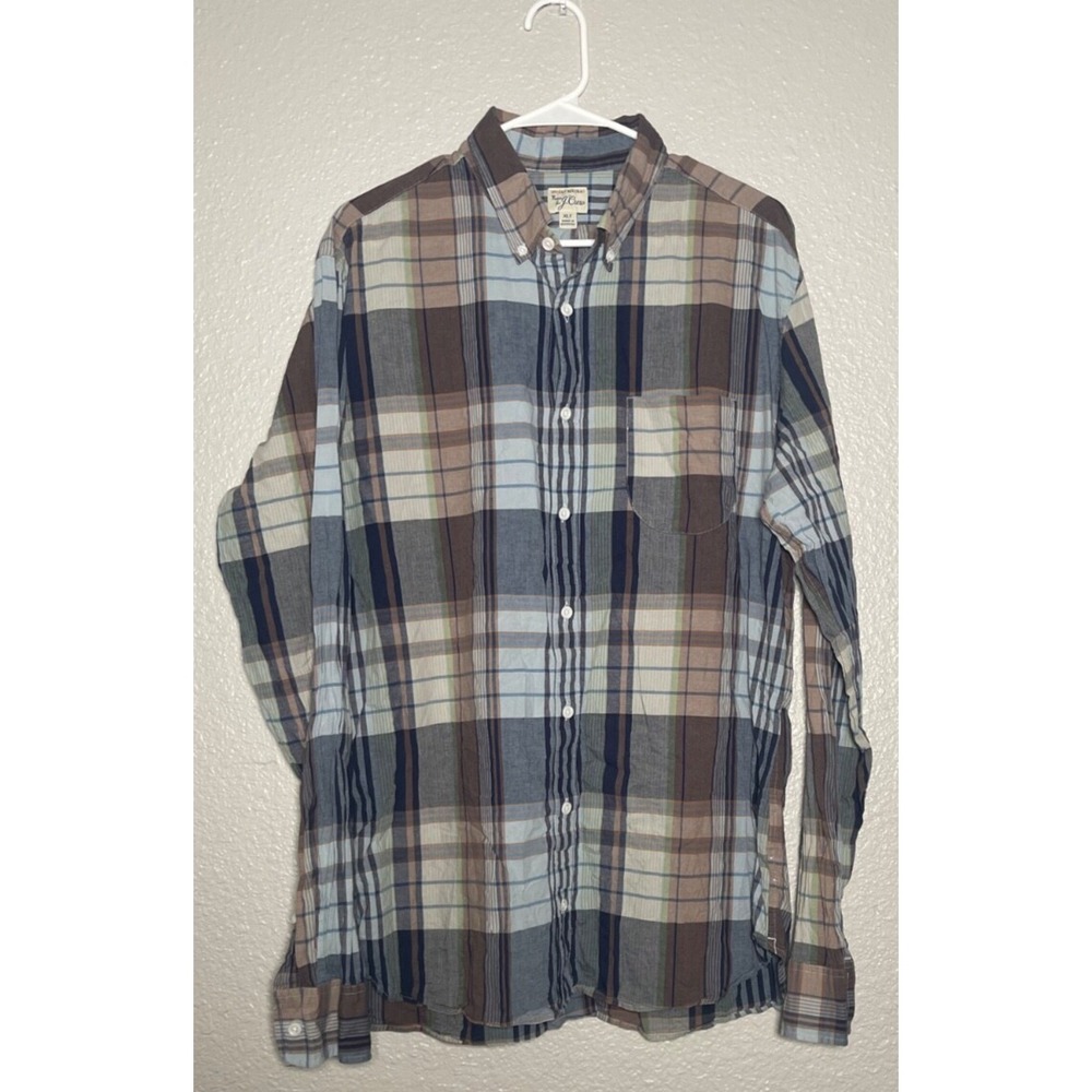 VTG Y2K J Crew Indian Madras Plaid Shirt Men's XLT Blue Plaid Button Up Preppy